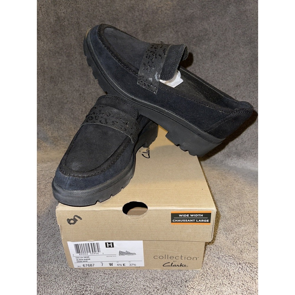 Women's Clarks, Calla Ease Loafer 26167687 Black Suede 7 W wide